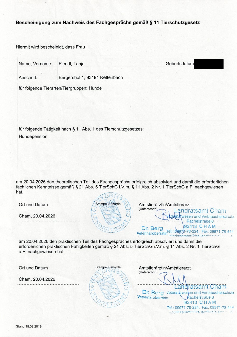 Bescheinigung zum Fachgespräch gemäß §11 Tierschutzgesetz, Landratsamt Cham